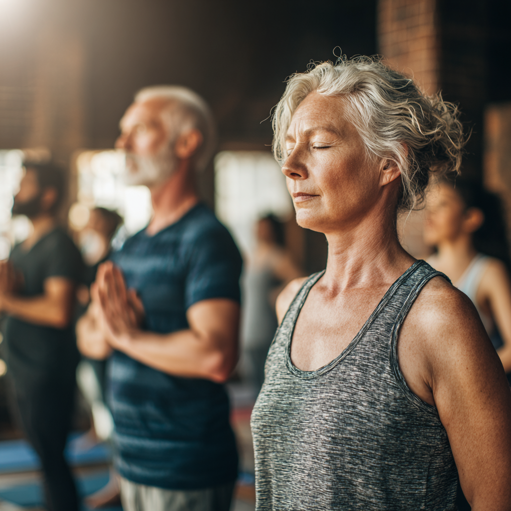 peaceful yoga studio with middle-aged adults practicing gentle poses in natural lighting